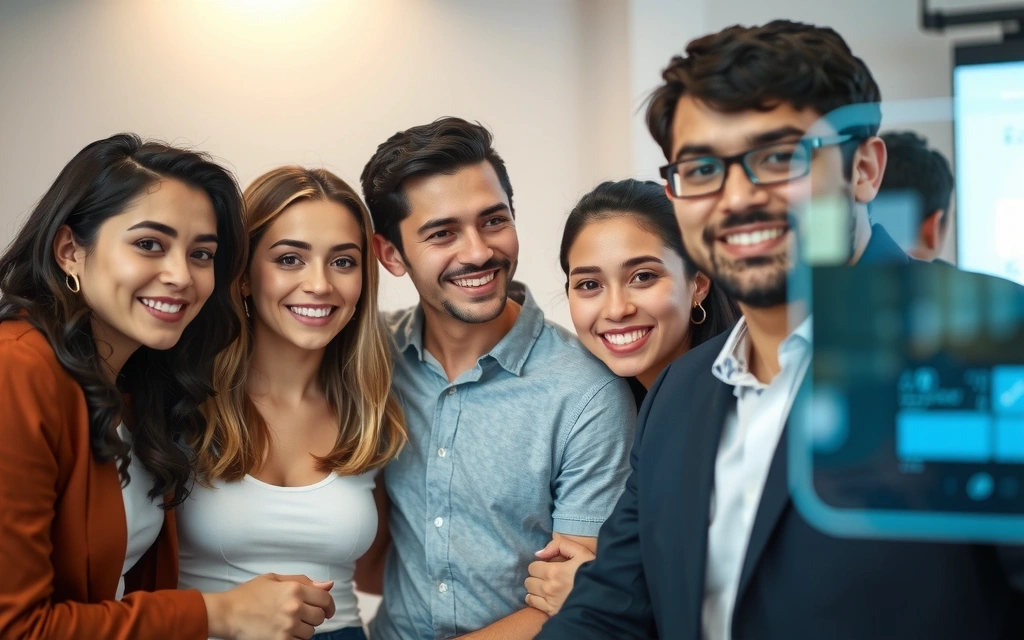 Skupina spokojených zákazníků se šťastnými úsměvy, abstraktní pozadí.