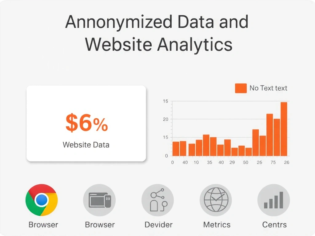 Grafika znázorňující anonymizovaná data a analytiku webových stránek, s ikonami pro prohlížeč, zařízení a metrika