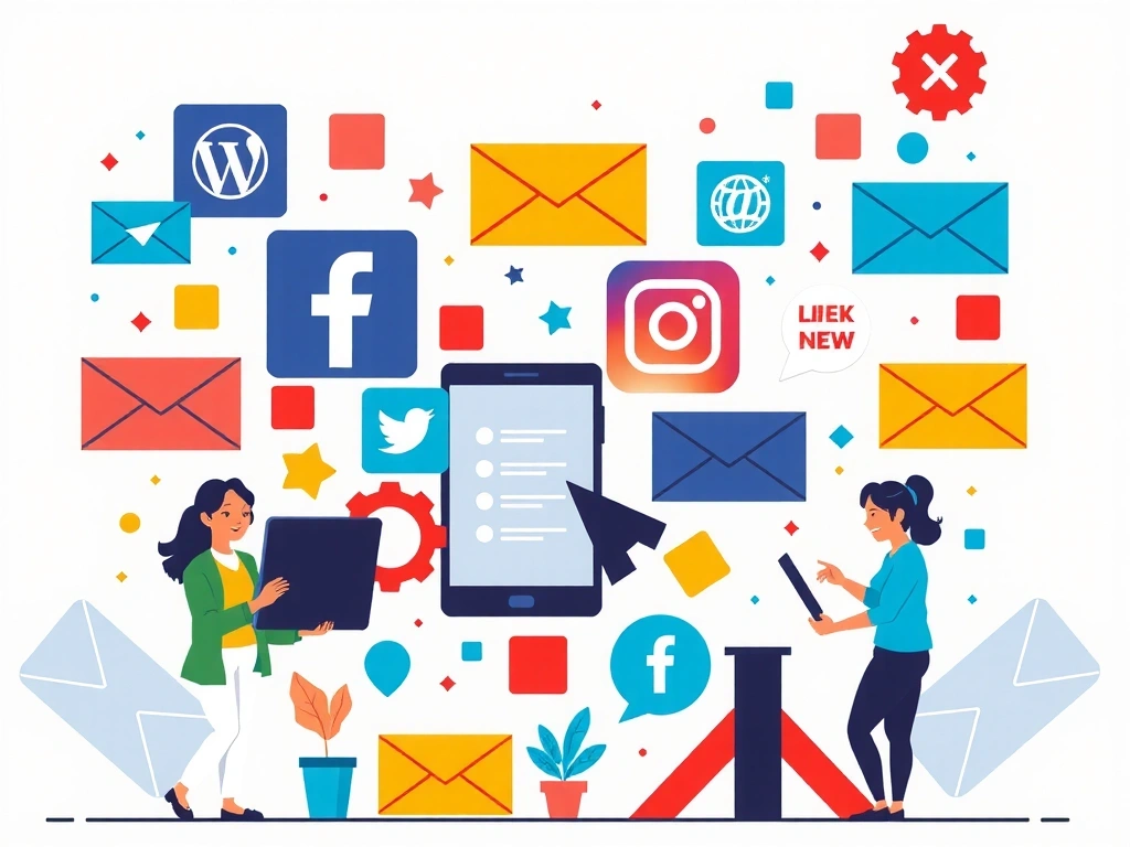 Dynamická scéna s ikonami sociálních sítí, reklamními bannery a symboly digitálního marketingu, s lidmi interagujícími s digitálními zařízeními.