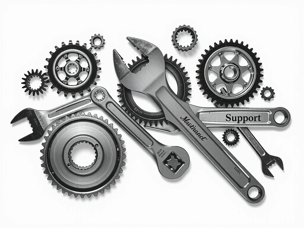 Obrázek ozubených kol a nástrojů, symbolizující podporu, údržbu a neustálý rozvoj.