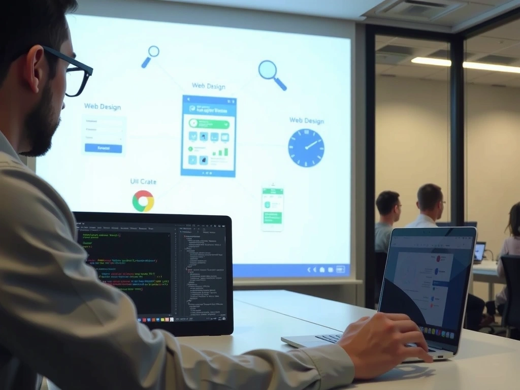 Osoba soustředěně pracující na notebooku, s prvky webdesignu a kódu promítanými na obrazovku, v moderním kancelářském prostředí.