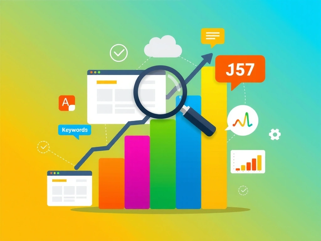 Rostoucí graf s lupou a ikonami klíčových slov, symbolizující optimalizaci pro vyhledávače a růst.