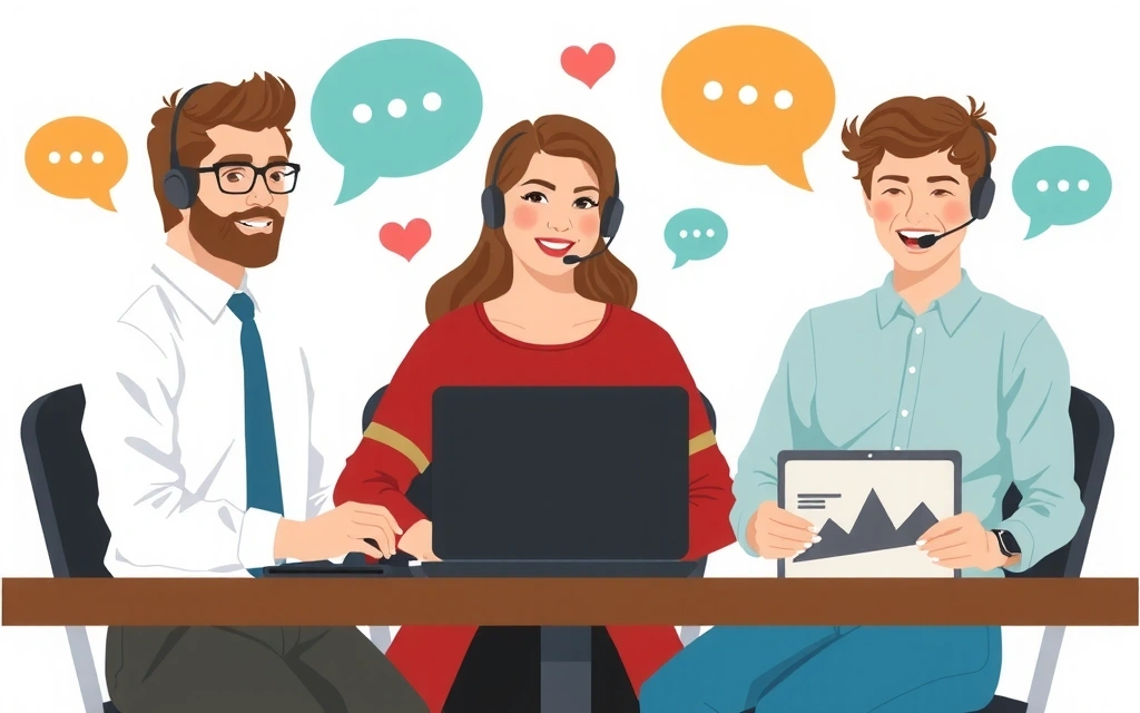 Ilustrace týmu zákaznické podpory, který odpovídá na dotazy a poskytuje pomoc.