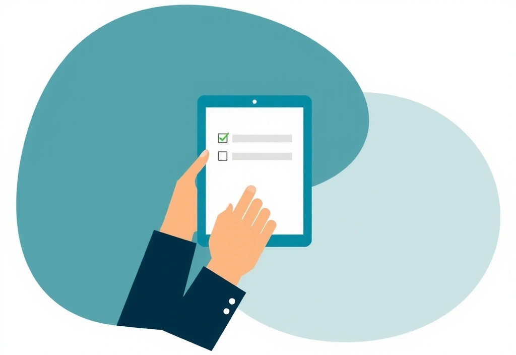 Ilustrace osoby vyplňující formulář na tabletu